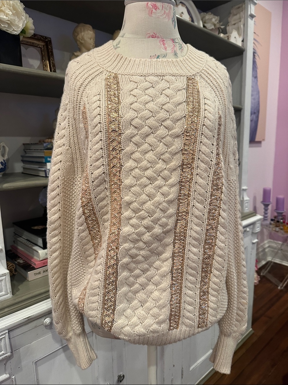J. Crew Cream Cable-Knit Sweater with Metallic Stripe Accents